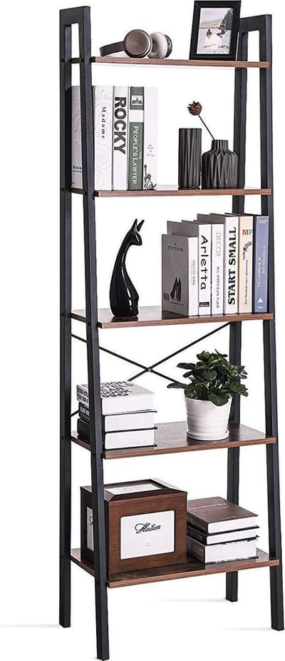 Retro Vintage Open Boekenkast Ladderkast - Industrieel Design Opbergrek - Boekenrek Opslagrek - Staande Wandkast - 5 Legplank Etages - Zwart