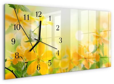 Tulup Wandklok - Bloemen Gekleurde Glazen Klok - 60x30 cm - Geel Glazen Klok Met Print - Zwarte Handen - Rechthoekige Wandklok - Decoratieve Glazen Klok - Glazen Wandklok Design