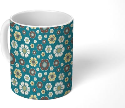 Mok - Koffiemok - Retro - Bloemen - Patronen - Blauw - Mokken - 350 ML - Beker - Koffiemokken - Theemok