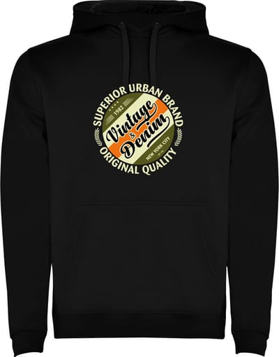 Zwarte unisex hoodie met “ Kleurrijke Superior Urban Brand Original Quality Vintage Denim “ Print Full Color Color merk Roly maat S