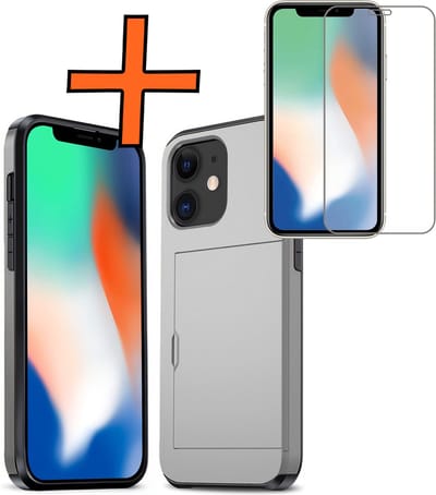 Hoesje Geschikt voor iPhone 11 Hoesje Pasjeshouder Shockproof Hard Case Met Screenprotector - Hoesje Geschikt voor iPhone 11 Hoes Met Kaarthouder - Grijs