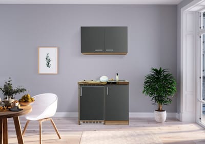 Goedkope keuken 100  cm - mini keuken met apparatuur Levin - Eiken/Grijs - keramische kookplaat  - koelkast          - kleine keuken - compacte keuken - keukenblok met apparatuur