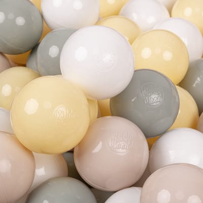KiddyMoon 300 ballen/7cm kinderballen speelballen voor ballenbad baby éénkleurige plastic ballen made in eu, pastel beige/groen-grijs/pastelgeel/wit