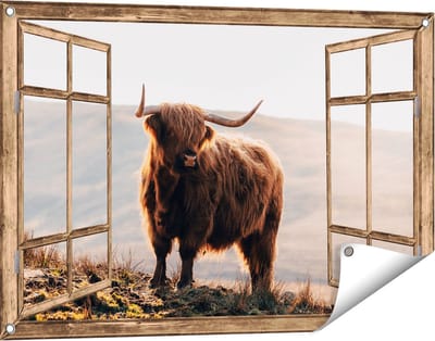 Gards Tuinposter Doorkijk Schotse Hooglander in de Heuvels van Schotland - 90x60 cm - Tuindoek - Tuindecoratie - Wanddecoratie buiten - Tuinschilderij