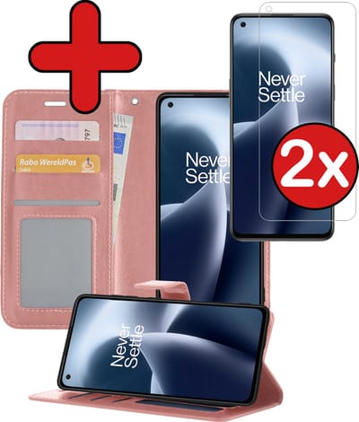 Hoesje - Met 2x Screenprotector - Geschikt voor OnePlus Nord 2T - Luxe Pasjeshouder - Flip Case - Bookcase Portemonee - Kunstleer Book Case - Flipcase Hoes - Book Cover - Walletcase - Portemonneehoes - Telefoonhoes - Rosé goud