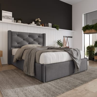 SINGULARITY-Hydraulisch eenpersoons gestoffeerd bed 90x200cm- modern bedframe met opbergruimte- grijs met matras