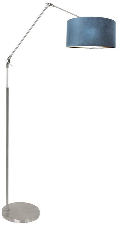 Staalkleurige Vloerlamp Prestige Chic 8237ST met 220 cm Snoer en Voetschakelaar, Modern Design met Blauw Velours Kap, Steinhauer Metaal en Textiel, Kantelbaar