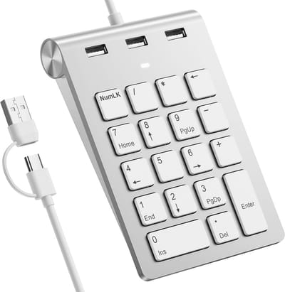 Ergonomisch Bekabeld Numeriek Toetsenblok met USB-C en USB-A, 18 Toetsen Nummer Pad voor Laptop en Desktop
