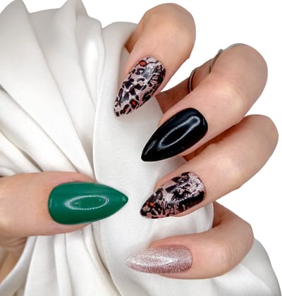 SD Press on Nails - B-90 - Plaknagels - Nagelset 20 Nagels - Zwart Groen - Gellak - Nagellak - Medium Stiletto Nageltips - Nepnagels met Lijm - Kunstnagels - Nail Art - Handmade - Valse nagels - Nagelvijl - Accessoires - Medium Nagels