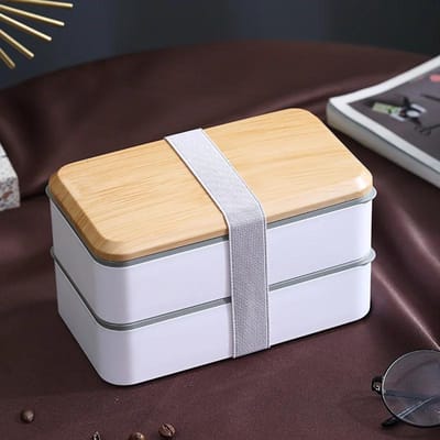 Boîte à Lunch Aspect Bois Grande Capacité Double Couche Hermétique Anti-fuite Micro-ondes Boîte Bento Récipient de Stockage Alimentaire Portable