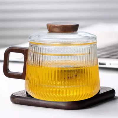 Glazen Theekop met Deksel en Zeef, 200 ml, Walnoot, Voor Losse Thee, Borosilicaatglas, Inclusief Houten Onderzetters, Transparante Strepen