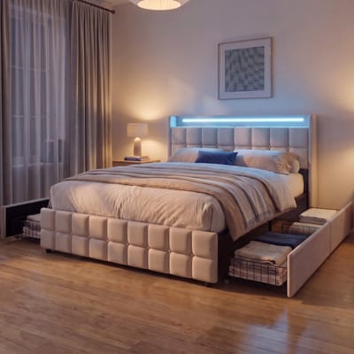 Gestoffeerd Opbergbed 180x200 cm met 4 lades - Tweepersoonsbed met LED en USB - Hoofdbord met opbergruimte - Linnen - Modern - Beige