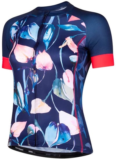 Ingeklikt Night Lilies - Blauw fietsshirt dames korte mouw - Roze-blauwe bloemenprint - maat L (38-40)