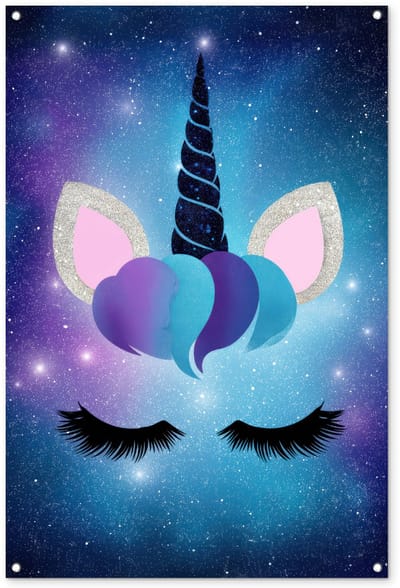 Tuinposter 80x120 cm - Tuindecoratie Eenhoorn - Sterren - Magisch - Blauw - Poster voor in de tuin - Buiten decoratie - Schutting tuinschilderij - Tuindoek muurdecoratie - Wanddecoratie balkondoek