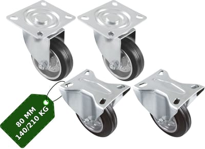 AMIG Meubelwielen 80mm Set van 4 Zwenk+Bok - 210kg Rubber Rollager Zwart