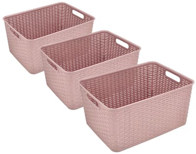 Opbergmand 18L Kunststof Set van 3 – Opbergbox Rattan Roze – Opbergmand Kinderkamer en Opbergmand Badkamer – Keukenkast en Kledingkast Organizer – Opbergdoos 38x28x19 cm