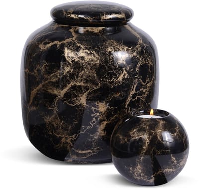 Terroso® - Glazen Urn Set - Zwart Glans met Goud - 3,5 Liter - Inclusief Bijpassende Herdenkingskaars