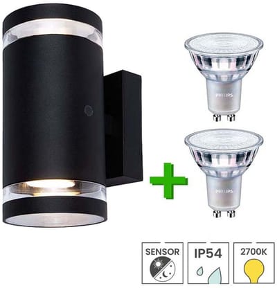 Lybardo - Buitenlamp met sensor dag en nacht - Wandlamp up & down - 2 x LED GU10 Philips - Warmwit licht