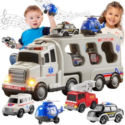 Playos® - XXL Ambulance - met 4 Voertuigen - Transportwagen - met Licht en Geluid - Helikopter - Politieauto - Brandweerwagen - Speelgoedvoertuig - Speelgoed Auto - Sinterklaas