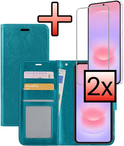 Hoesje - Met 2x Screenprotector - Geschikt voor Samsung Galaxy A37 - Luxe Pasjeshouder - Bookcase Portemonee - Flip Case - Kunstleer Book Case - Flipcase Hoes - Book Cover - Walletcase - Portemonneehoes - Turquoise