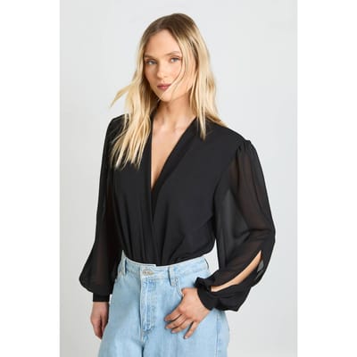 boohoo Dames Petite Wikkel Chiffon Mouw Bodysuit | Black | Maat: 6
