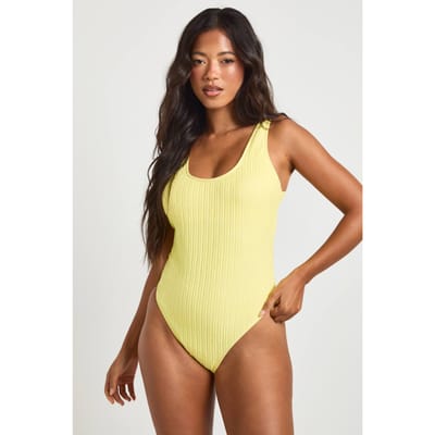 boohoo Dames Gestructureerd Badpak Met Ronde Hals | Lemon | Maat: 6