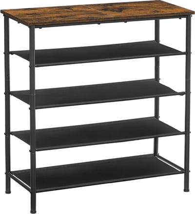 Hoppa! Schoenrek, 5 niveaus, schoenenrekken, smal, metalen frame, 4 legplanken van polyester stof, voor entree, hal, industrieel ontwerp, vintage bruin-zwart