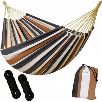 HSXL Dubbele Hangmat Bruin Wit Blauw met Touwen - 1 of 2 Persoons - Lig Oppervlak 200x150cm - Lengte 260cm