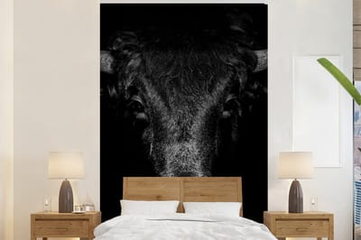 Behang - Fotobehang Stier - Dieren - Zwart - Wit - Breedte 225 cm x hoogte 350 cm