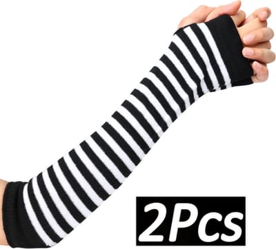 Finnacle - "Zwarte Punk Lange Vingerloze Handschoenen - Wit/Zwart Gestreept - Gothic/Alternatief"