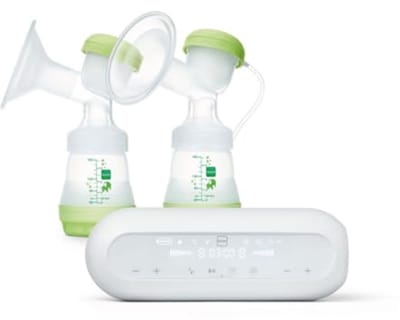MAM Elektrische en handmatige dubbele melkpomp, 2-in-1, bevat 1 schaal van zachte siliconen, 2 Easy Start anti-koliek flessen van 160 ml met zuignappen maat 1, 2 containers voor melk en levensmiddelen