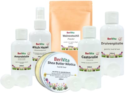 BeriVita Startset Natuurlijke Huidverzorging - Amandelolie 100ml, Druivenpitolie 100ml, Castorolie 100ml, Nilotica Butter 100ml, Walnotenpoeder 100gr en Witch Hazel 100ml Spray