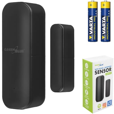 GreenBlue - Tuya slimme wifi- deur en raamsensor - Draadloze reedschakelaar - WiFi-openingssensor - 3,0 V DC, LR03x2, GB479 B - Zwart en batterijen
