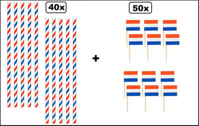 40x Papieren rietjes landen Nederland 20cm + 50x Cocktail vlag prikkers Nederland - Koningsdag WK Holland festival themafeest party