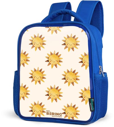 NoBoringSuitcases.com® - Rugzak blauw - Schooltas jongens - Lachende zonnetjes als patroon op beige achtergrond - Kinder rugtas jongen - Boekentas kind - Kinderrugzak voor school - Schoolrugzak