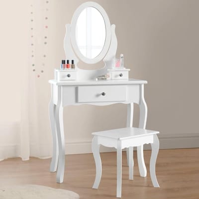 Meisjes Kaptafel met Spiegel en Krukje - Wit Houten Kinderen Make-up Tafel Set