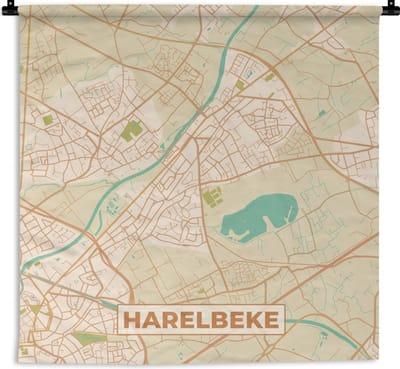 Wandkleed - Wanddoek - Harelbeke - Kaart - Vintage - Stadskaart - Plattegrond - 180x180 cm - Wandtapijt