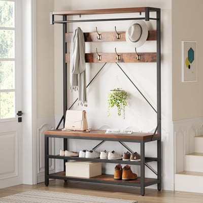 Kapstok staand, Industrieel halmeubel met bank - kapstokken met 9 haken & legplank, rustiek bruin/zwart, 101 x 40 x 182 cm - bruin