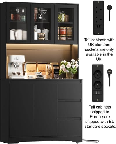 CYRO - Keukenkast - Buffetkast - Keukenkast Organizer - Keukenkast Verlichting - LED - met Stopcontacten - 100x38,5x180cm - Zwart