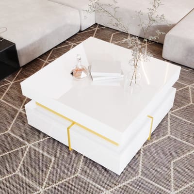 DESMIU Salontafel - Hoogglans Design Met Twee Laden En Gouden Accenten - Voor Woonkamer En Appartement - Spaanplaat - Wit - 70 X 70 X 35,5 Cm