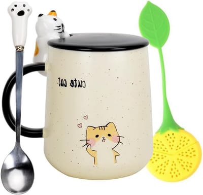 Schattige keramische kattenmok met deksel en lepel, perfect voor koffie, thee en warme chocolademelk, ideaal als cadeau voor kattenliefhebbers en feestdagen