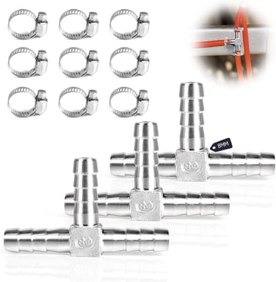 3-Weg T-Hose Connector SUS 304, Slang Schroefverbinding met Klemmen voor Lucht, Water en Brandstof (8 mm, Set van 3)