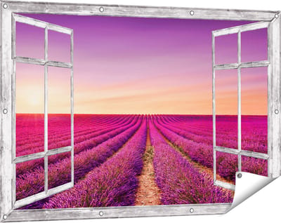 Gards Tuinposter Doorkijk Paarse Lavendel Bloemenveld - 120x80 cm - Tuindoek - Tuindecoratie - Wanddecoratie buiten - Tuinschilderij
