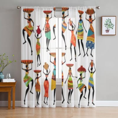 Silhouetten Van Mooie Afrikaanse Vrouwen Chiffon Transparante Gordijnen voor Woonkamer Slaapkamer Decoratie Raam Voiles Tule Gordijn 135W x 114H(cm) white