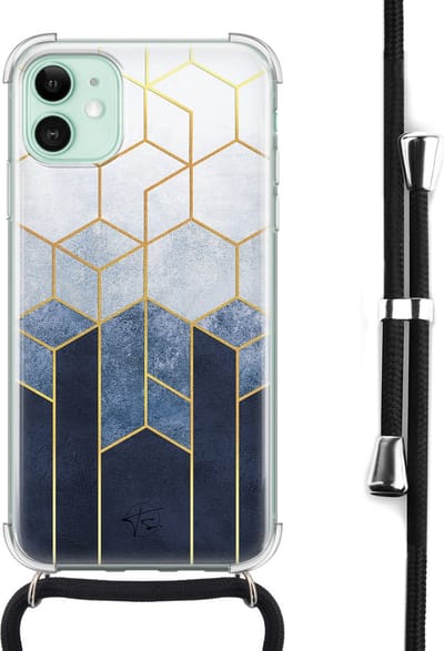 Hoesje met koord geschikt voor iPhone 11 - Geometrisch fade art - Inclusief zwart koord - Crossbody beschermhoes - Transparant, Blauw - Mooie Telefoonhoesjes