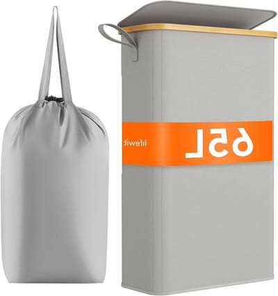 Wasmand met Deksel - Kledingmand Opbergmand - Ruimte Besparen - Smalle Opzet - 65 Liter - Zilvergrijs
