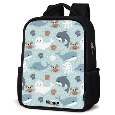 NoBoringSuitcases.com® - Rugzak zwart - Schooltas jongen & meisje - Zeedierenpatroon met dolfijnen, zeehonden en krabben - Rugtas voor school - Boekentas kind - Schoolrugzak - Kinderrugzak