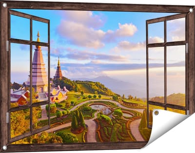 Gards Tuinposter Doorkijk Pagode Tempels in de Inthanon Berg in Thailand - 90x60 cm - Tuindoek - Tuindecoratie - Wanddecoratie buiten - Tuinschilderij