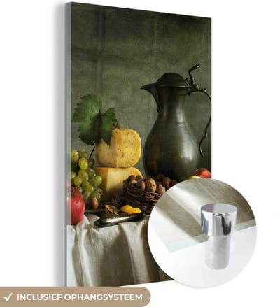 MuchoWow® Glasschilderij 120x180 cm - Schilderij acrylglas - Rustiek - Kaas - Theekan - Fruit - Stilleven - Foto op glas - Schilderijen