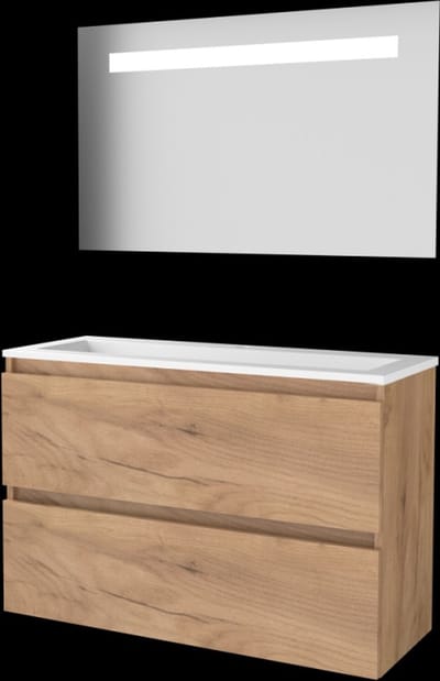 Basic-Line Economic 39 Badkamermeubelset - Ondiep - 100 x 39 cm - Greeploos - 2 Lades - Acryl Wastafel - 1 Kraangat - Spiegel met LED Verlichting - Whisky Oak